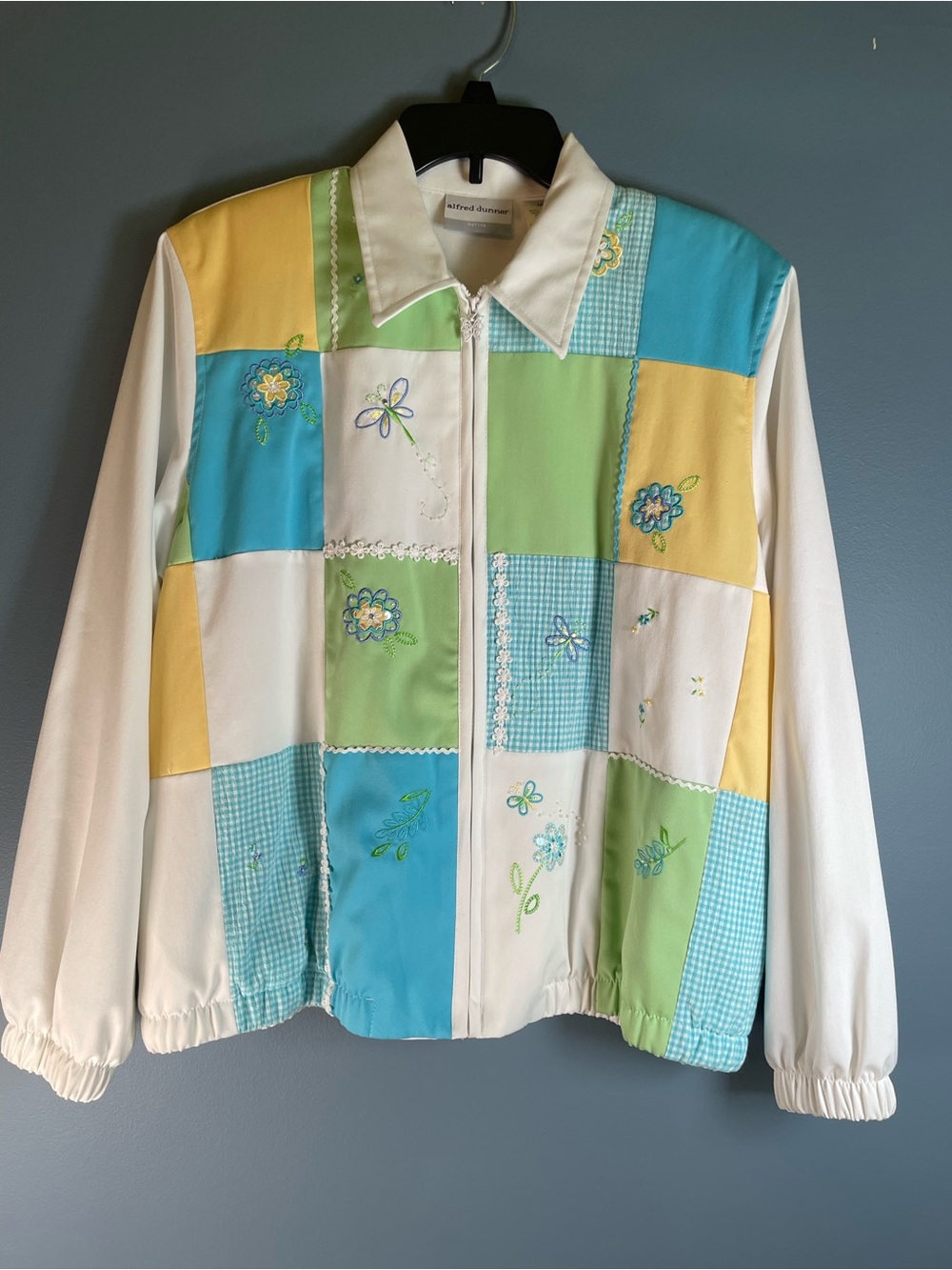 Alfred Dunner Pastel Patchwork Bomber Jacket - White/Blue/Green/Yellow 14P
